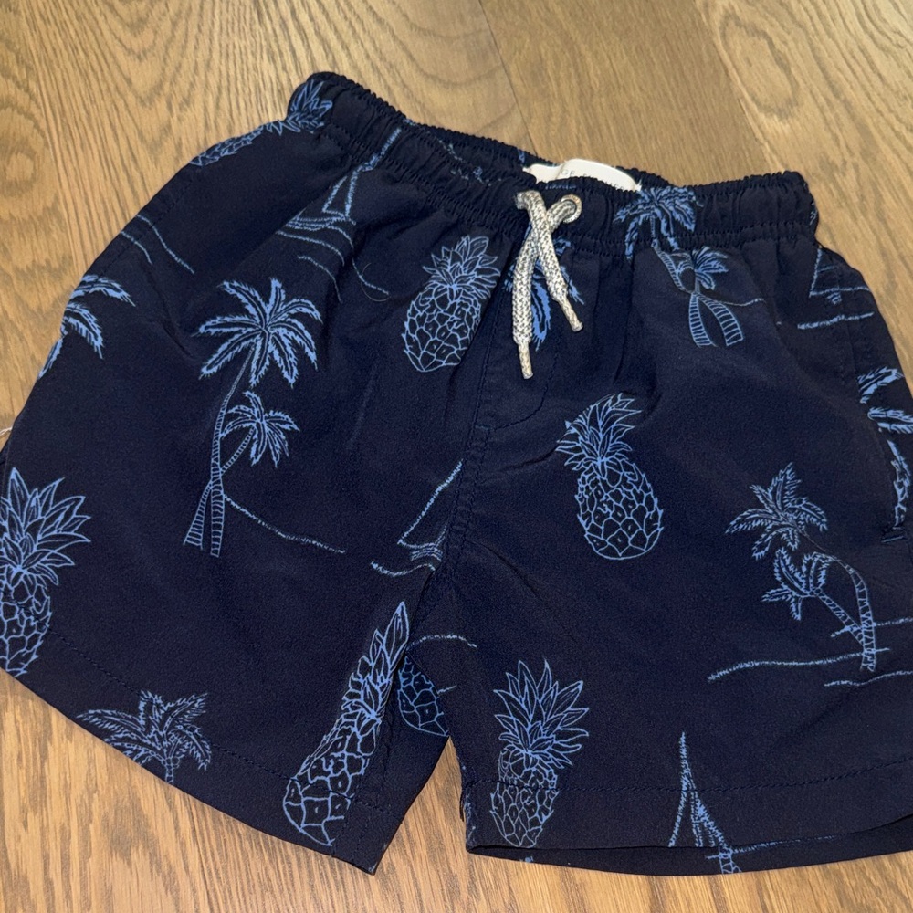 Vintage Summer Kids Navy Swim Trunks with Pineapple and Palm Print